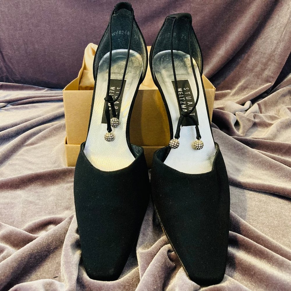 Stuart Weitzman Black Velvet Heels w/Crystal Strap